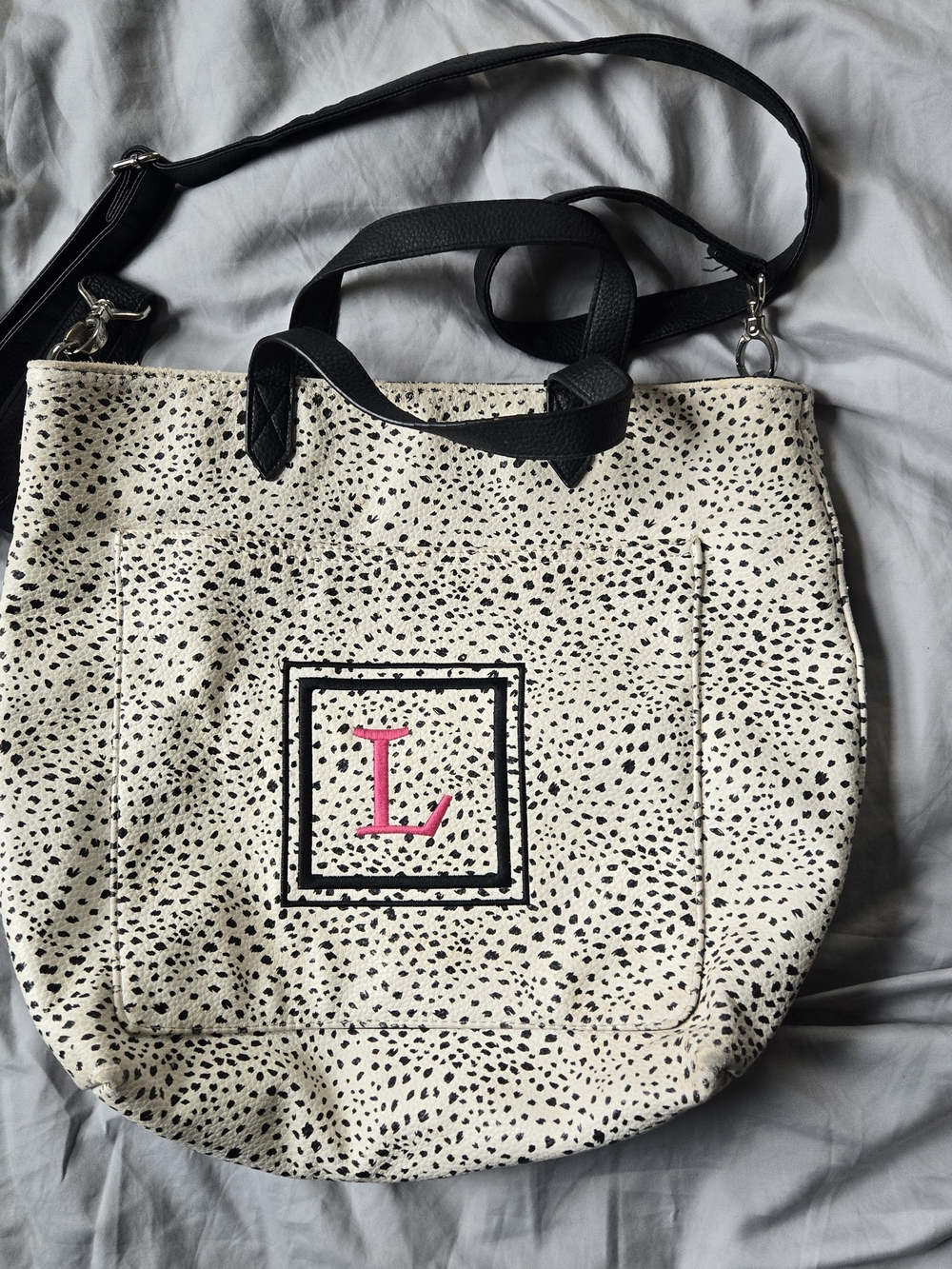 Faux Leather Pocket Tote with Black Trim and Pink Monogram L